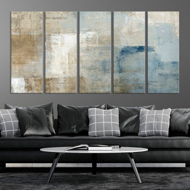 Abstract Blue and Beige Wall Art, Modern Minimalist Canvas Print Set, Giclee Textured Art, Large Multi-Panel Artwork for Living Room