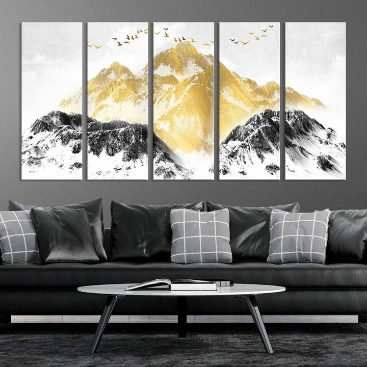 Golden Mountain Triptych Wall Art, Modern Giclee Canvas Print, Nature Landscape Decor for Living Room, Contemporary Gold and Black Wall Art