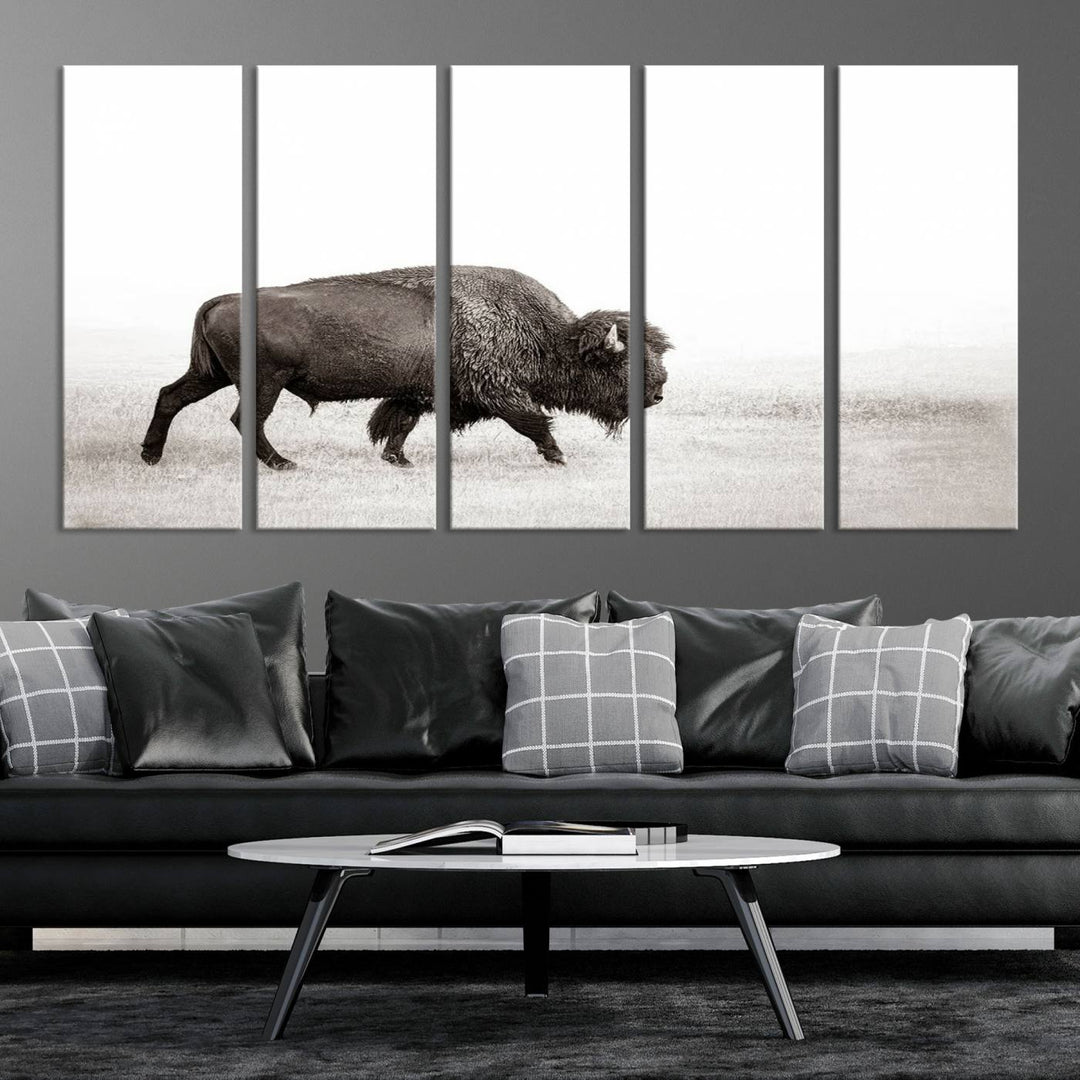 American Bison in Grasslands Triptych Canvas Wall Art – Western-Inspired Nature Decor for Home or Office