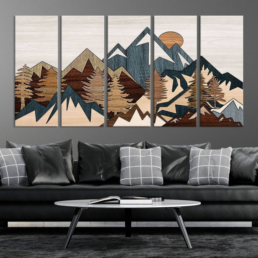 Efecto de panel de madera Cordillera Top Wall Art Print Arte moderno Decoración rústica para sala de estar, lienzo enmarcado Impresión abstracta de montaña sobre lienzo