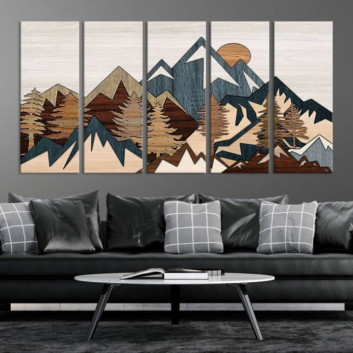 Woodland Mountain Landscape Triptych, Giclee Canvas Art for Modern Home, Rustic Wooden Nature Wall Art, Large Mountain and Tree Canvas for Living Room