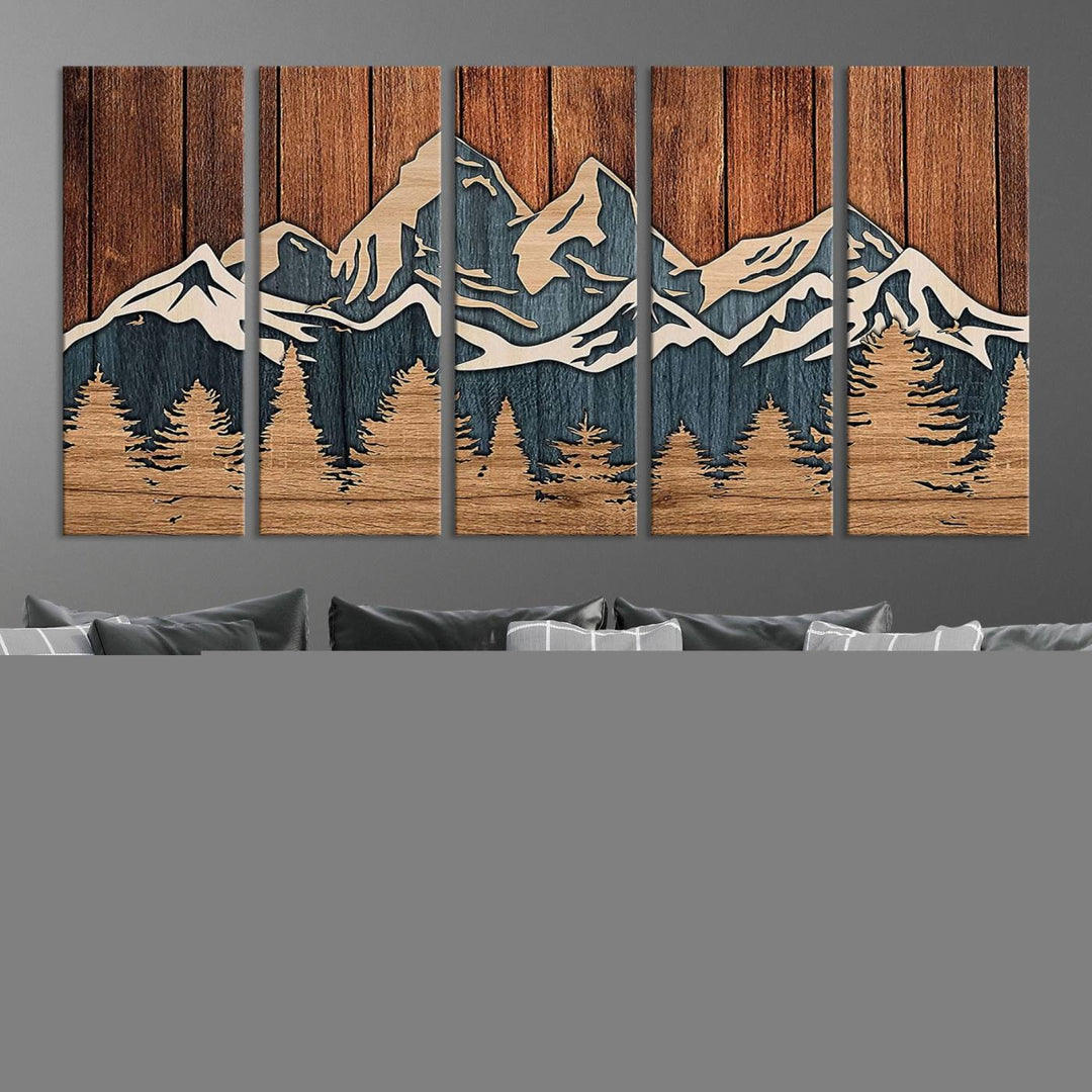 Rustic Wood Style Mountain Wall Art, Nature Forest Canvas Print, Wooden Textured Mountain Artwork, Handcrafted Landscape Decor for Farmhouse Decor