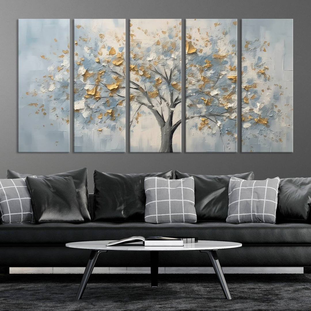 Abstract tree canvas wall art with gold and blue textured leaves, ready to hang in living room or bedroom.