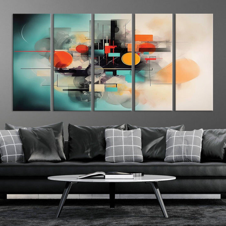 Modern living room featuring a Geometric Colorful Abstract Wall Art Canvas Print.