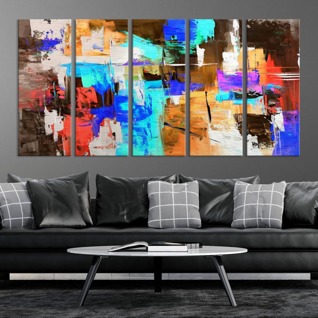 In a modern living room, the "Colorful Abstract Wall Art Canvas Print" serves as a stunning triptych centerpiece on museum-quality canvas, ready to hang. Its UV-protective coating ensures enduring vibrancy.