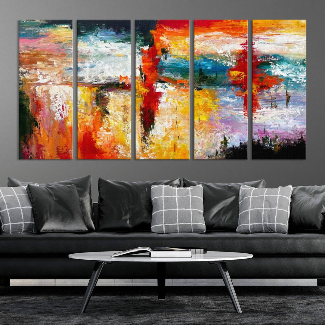 A Colorful Abstract Wall Art Canvas Print graces the wall, making this ready-to-hang masterpiece, complete with UV-protective coating, perfect for elevating any space with its vibrant allure.