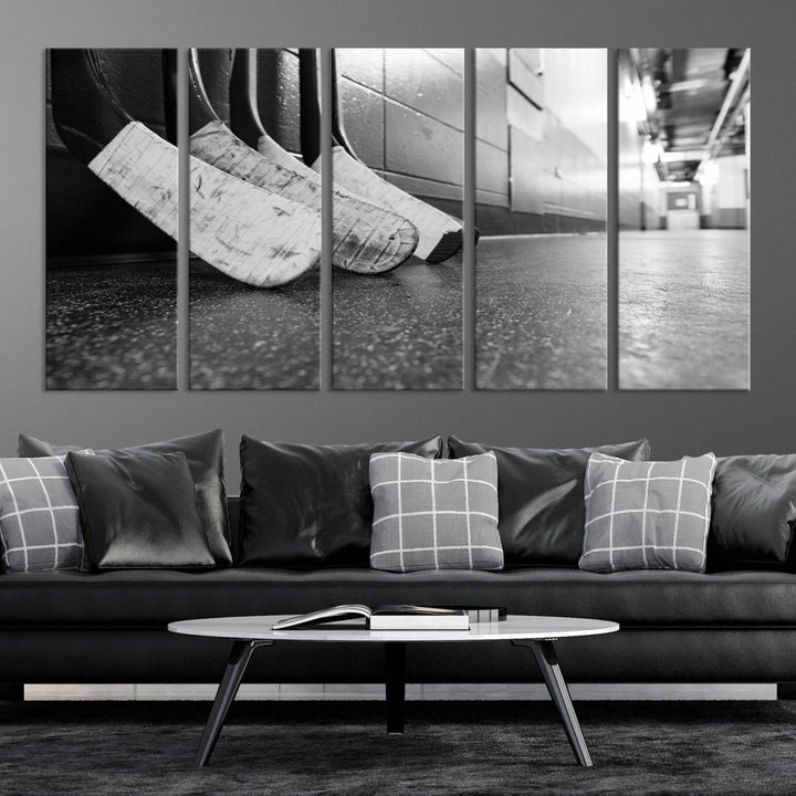 A living room featuring a large Ice Hockey Wall Art Canvas Print on gallery-wrapped canvas.