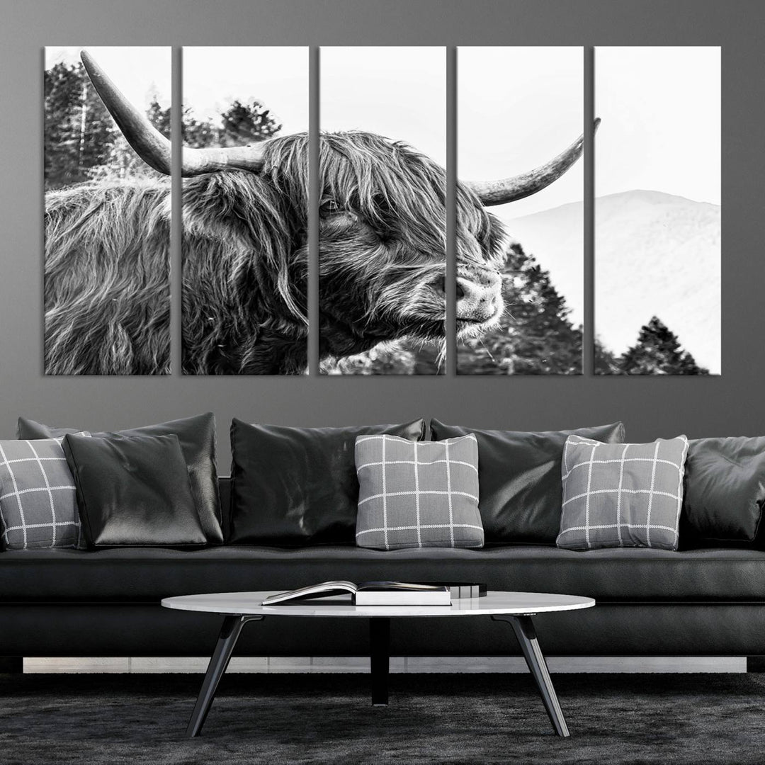 The Scottish Longhorn Wall Art Canvas Print features a highland cow with long horns and shaggy hair displayed on a museum-quality canvas. Equipped with a UV-protective coating for durability, it's ready to hang and enjoy for years to come.