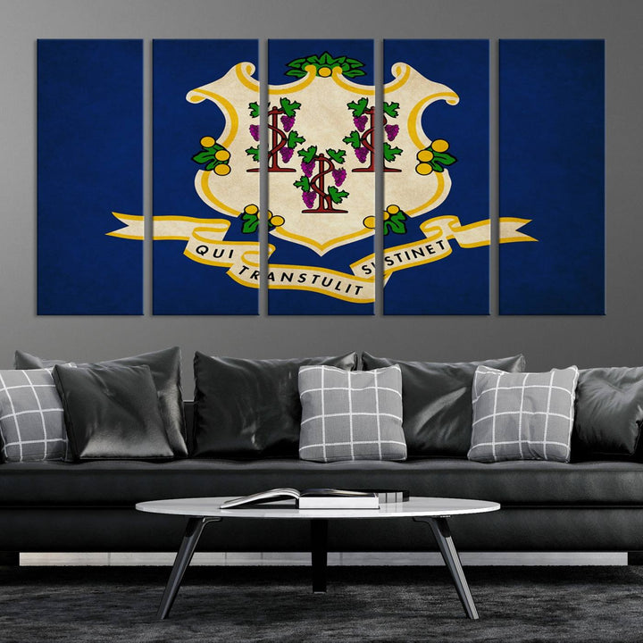 A "Size Connecticut States Flag Wall Art Canvas Print" hangs on the wall, its vibrancy preserved by a UV-protective coating.