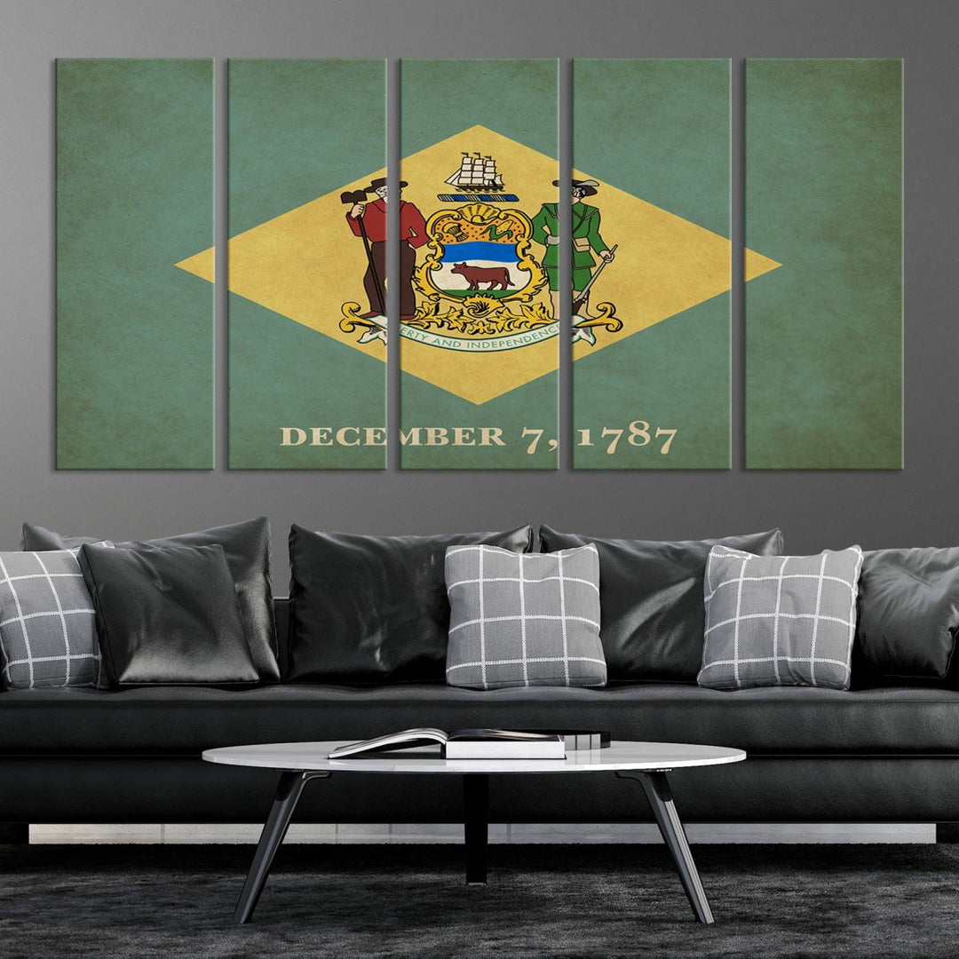 The Delaware States Flag Wall Art Canvas Print, featuring museum-quality material and a UV-protective coating, hangs elegantly, ready to be admired.