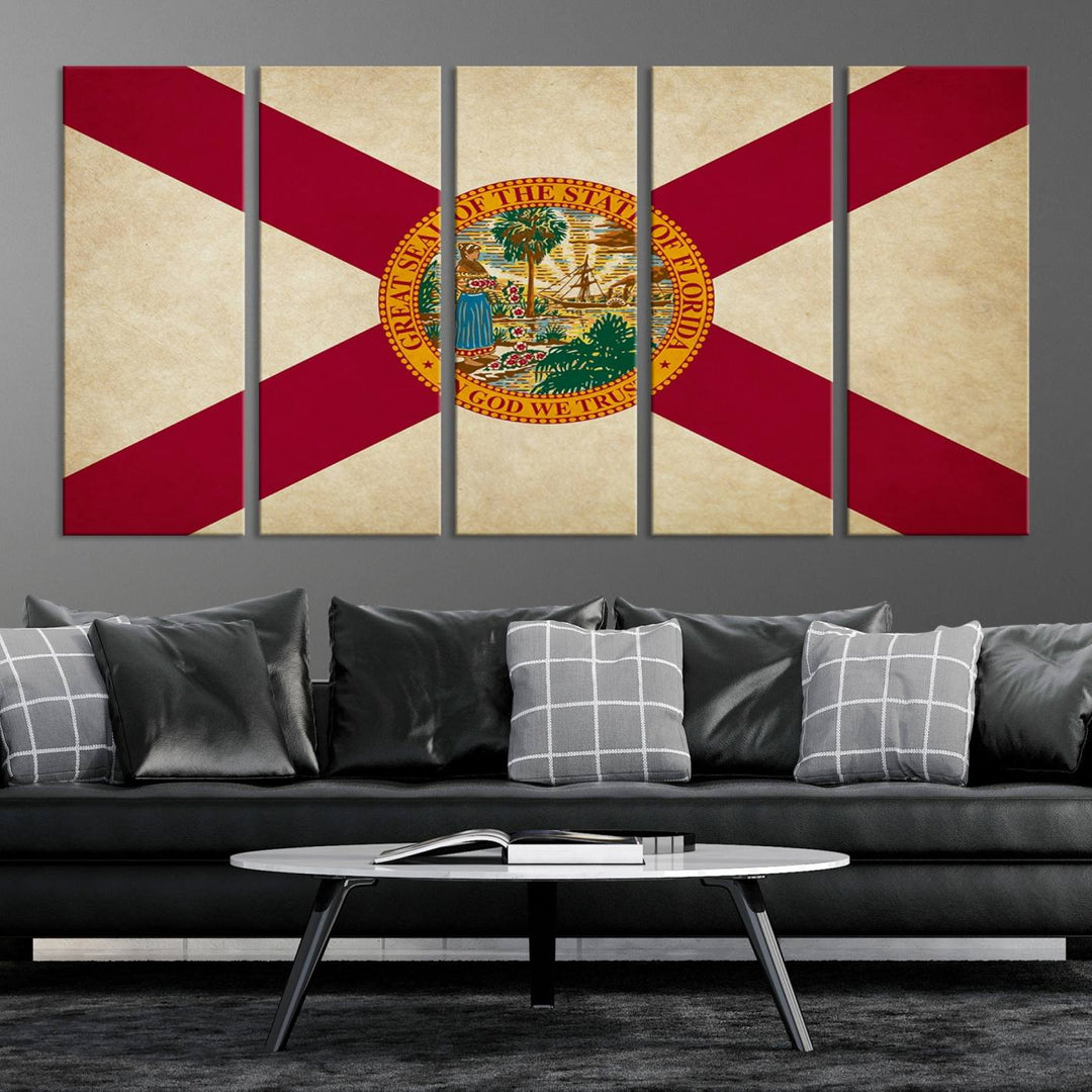 A Florida States Flag Wall Art Canvas Print, featuring a UV-protective coating for museum-quality preservation, is displayed.