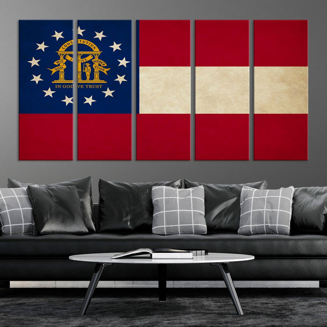 The Georgia States Flag Wall Art Canvas Print, coated with UV protection to preserve its vibrant colors, hangs on the wall.