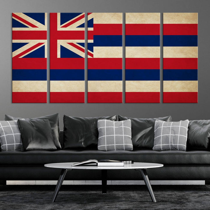 A stunning piece titled "Hawaii USA States Flag Wall Art Canvas Print" adorns the wall. This gallery-wrapped artwork is printed on museum-quality canvas and features a UV-protective coating, ensuring its vibrant colors remain timelessly beautiful.