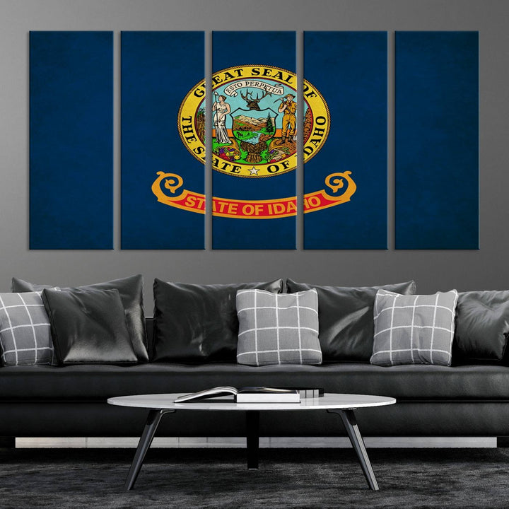 The Idaho USA States Flag Wall Art Canvas Print, featuring a UV-protective coating for lasting vibrancy, is ready to hang.