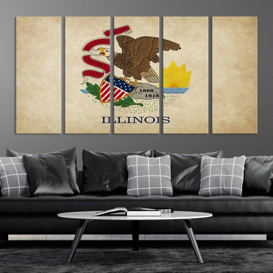 The Illinois State Flag Wall Art Canvas Print, crafted on museum-quality canvas with a UV-protective coating, is displayed prominently.