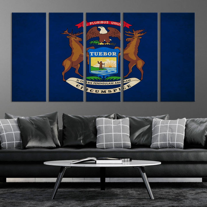 A piece of Michigan State Flag Wall Art on museum-quality canvas features a UV-protective coating to maintain its vibrant colors.