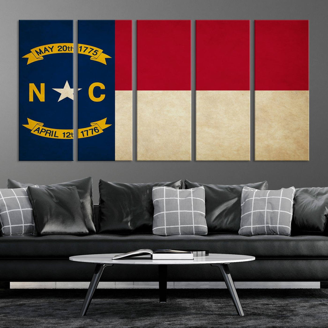 A museum-quality North Carolina State Flag Wall Art Canvas Print graces the wall, adding charm and character to any living space. Enjoy free shipping on this timeless piece.