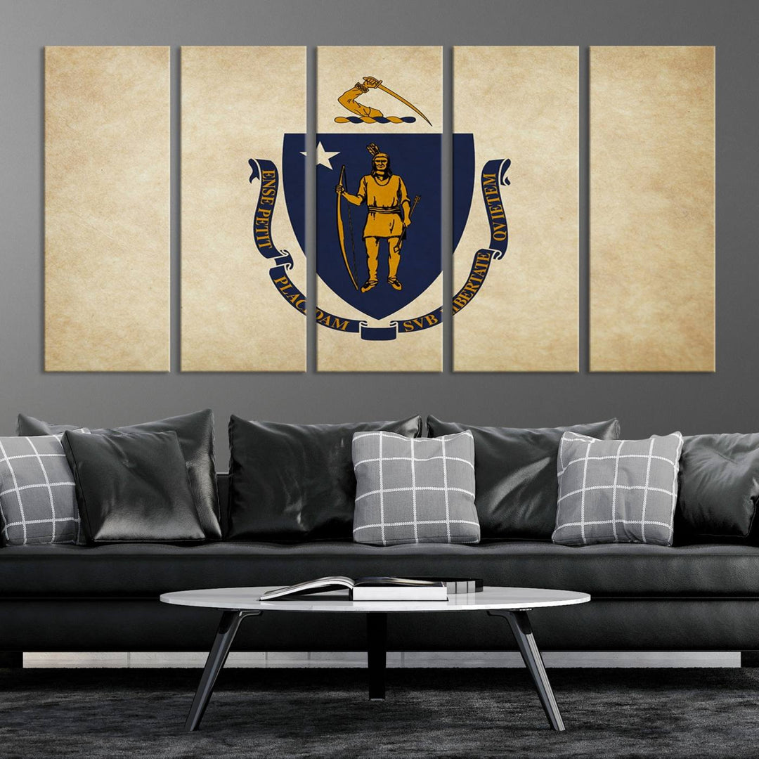 The Massachusetts State of Flag Wall Art Canvas Print, handcrafted on a museum-quality canvas with UV-protective coating, decorates the wall. It is ready to hang and adds a touch of elegance to the space.