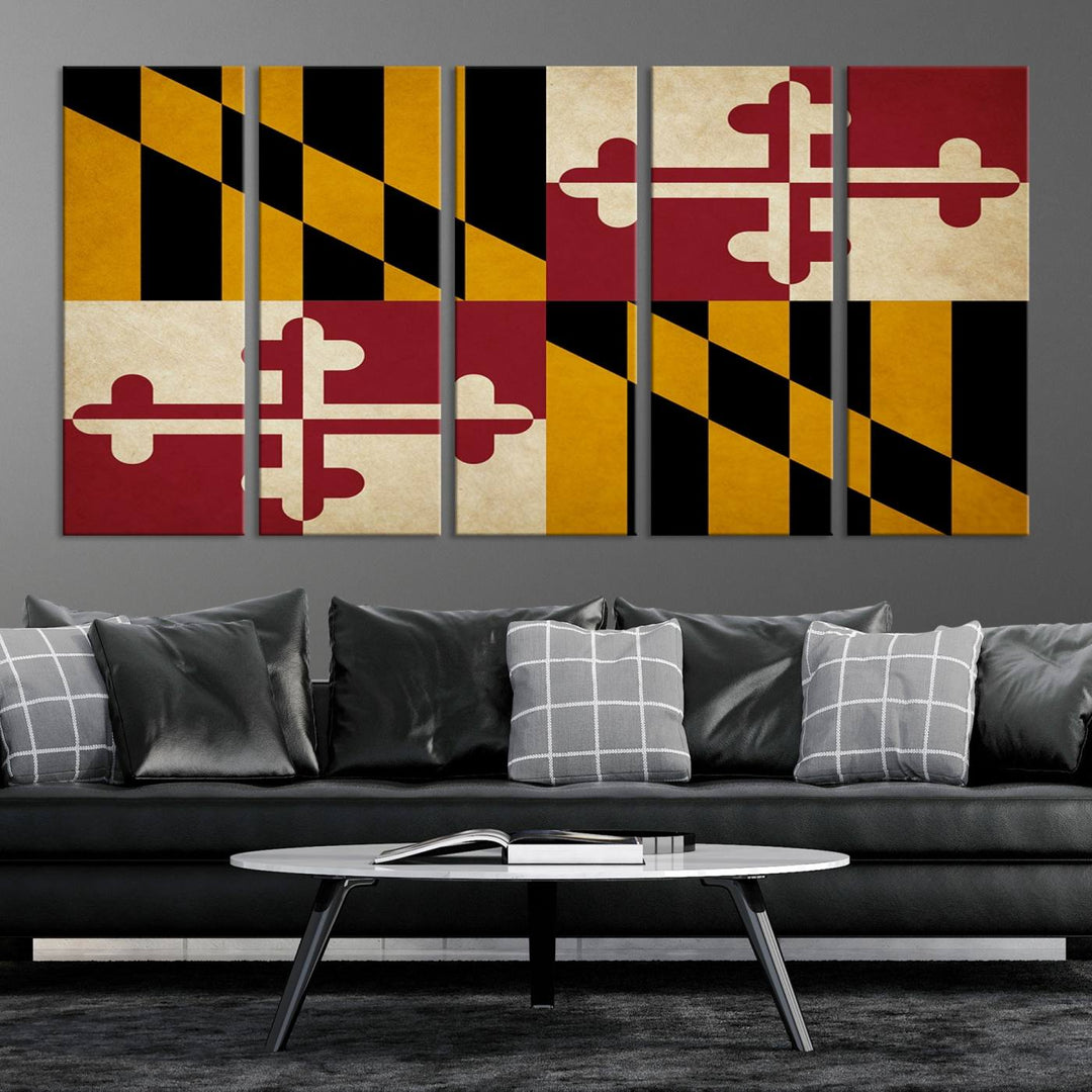 The Maryland Flag Wall Art Canvas Print, boasting a UV-protective coating for vibrant colors and durability, is a museum-quality piece offered with free shipping, making it the perfect addition to your space.