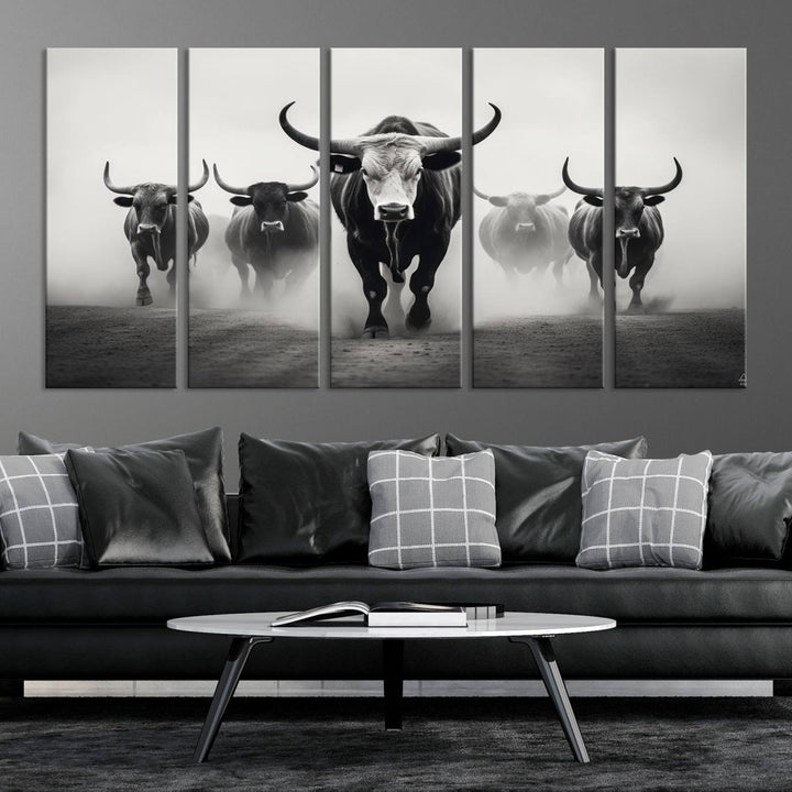 The Texas Longhorn Cow Animal Wall Art Canvas Print beautifully embellishes the area with its depiction of longhorn cattle in a misty setting, seamlessly integrating Western decor into the space.