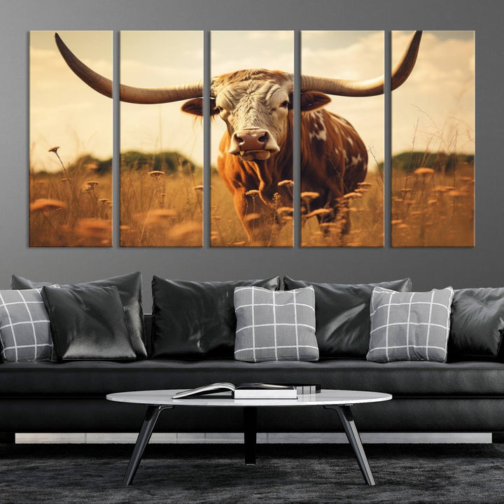 Cow Bighorn Wall Art Canvas Print, Longhorn Texas Cow Animal Canvas Print