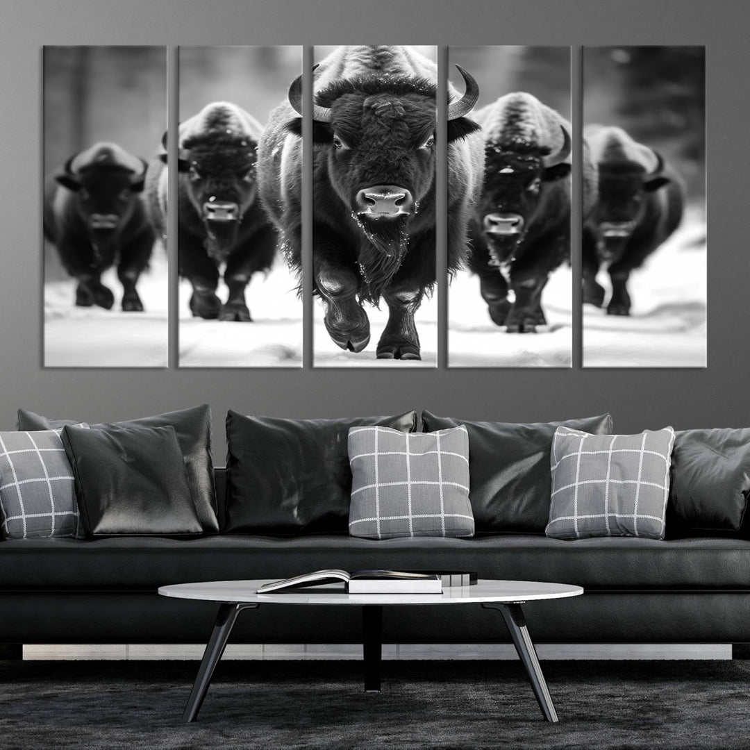 A modern living room features a striking black-and-white American Bison Art | Buffalo Herd Wall Art Canvas Print on the wall.