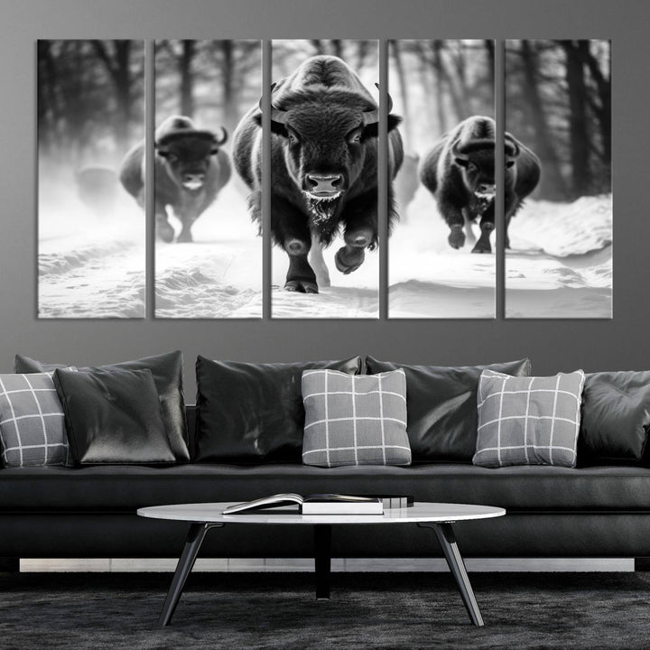 Transform your living room with the Buffalo Wall Art Canvas Print triptych, showcasing a bison family in motion across a snowy landscape. This striking Western decor piece becomes the focal point of any room.