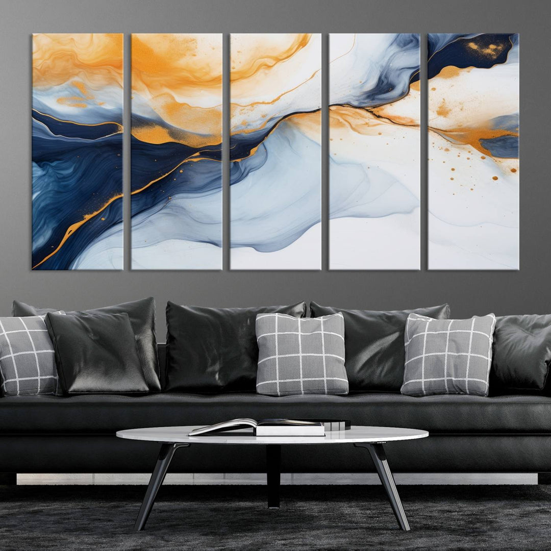 Modern living room featuring the 'Extra Large Orange Navy Blue Abstract Wall Art Canvas Print.'