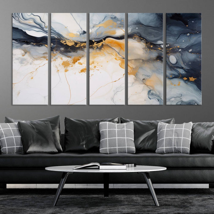 The Dark Blue and Orange Abstract Wall Art, featuring museum-quality canvas with captivating dark and golden swirls, is ready to hang and boasts a UV-protective coating to ensure enduring vibrancy and sophistication.