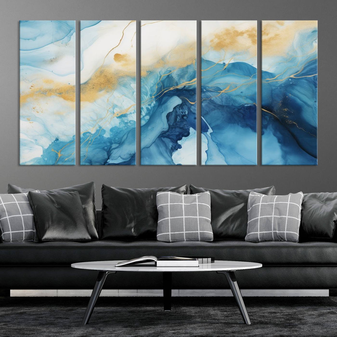 Blue and Gold Abstract Canvas Wall Art Print – Contemporary Fluid Design with Luxe Marble Effect – Ready to Hang