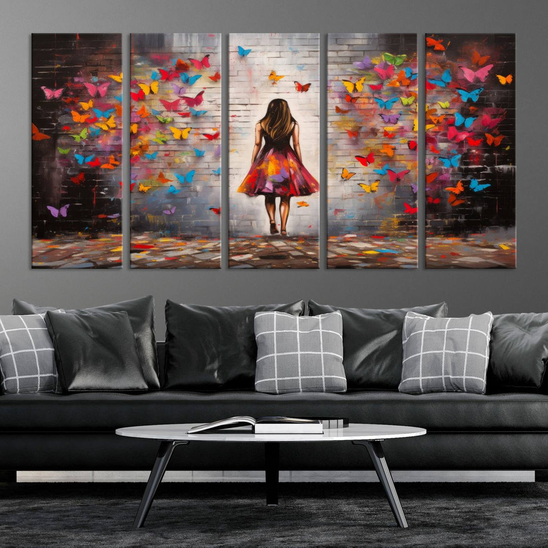 A vibrant artwork titled "Graffiti Wall Art Canvas Print Girl Butterfly Graffiti Abstract Canvas Print" is displayed above the couch. This gallery-wrapped masterpiece, printed on museum-quality canvas, features a UV-protective coating to preserve its vivid beauty.