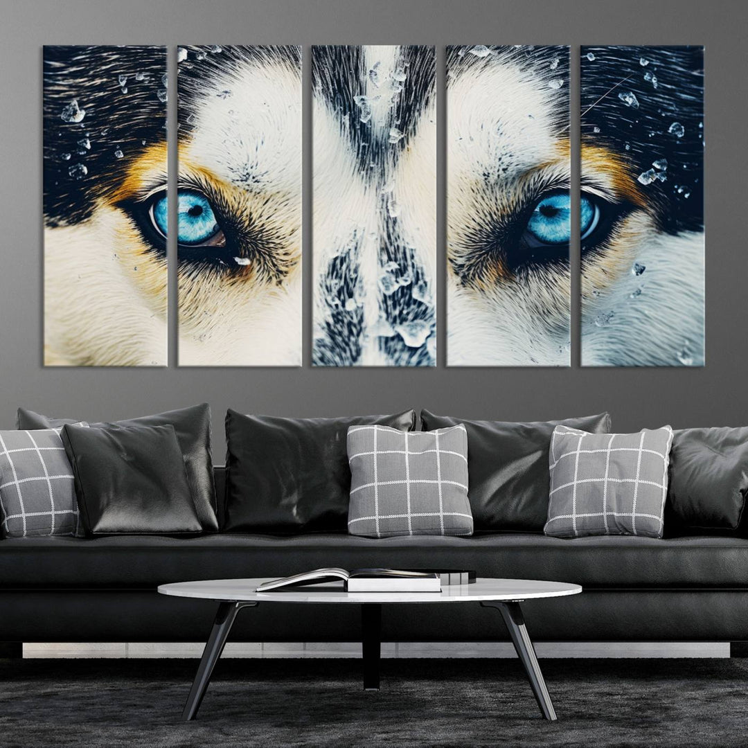 The captivating "Winter Siberian Husky Wolf EYE Wall Art Canvas Print" showcases the striking blue eyes of the animal portrait.