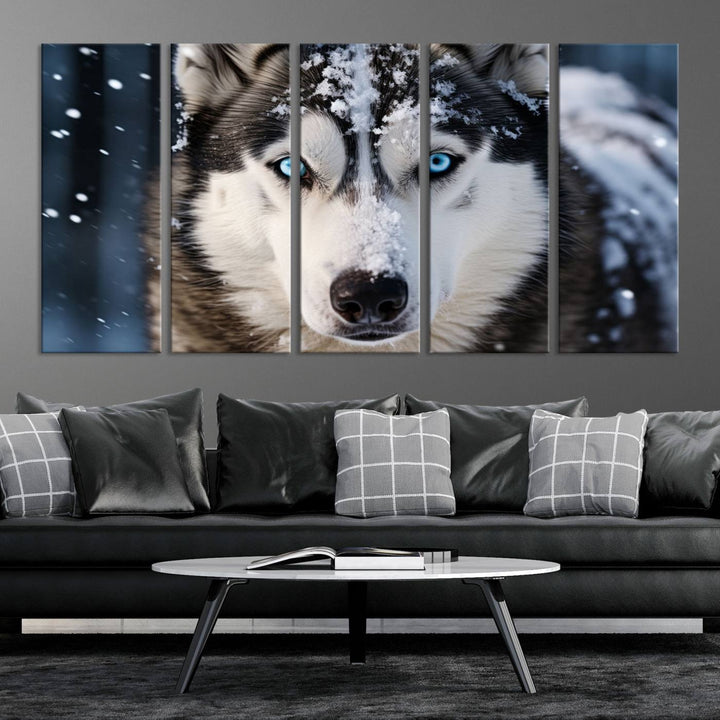 A digital art piece titled "Winter Siberian Husky Wolf Wall Art Canvas Print" showcases a blue-eyed husky blanketed in snow. Printed on high-quality canvas, it is an ideal choice for nature and dog enthusiasts.