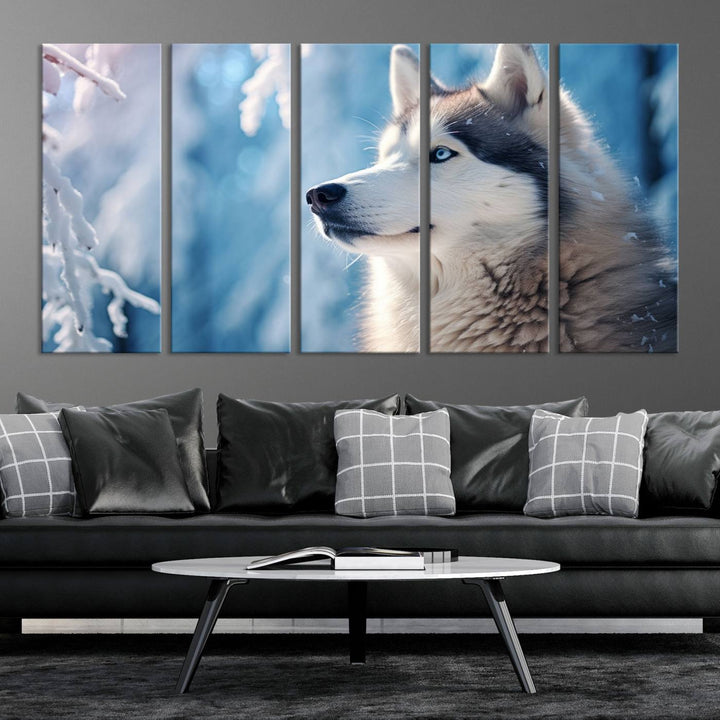 A captivating Winter Siberian Husky Wolf Wall Art Canvas Print hangs prominently.