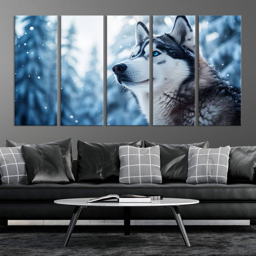 The "Winter Siberian Husky Wolf Wall Art Canvas Print" is elegantly displayed, enhancing the room's cozy ambiance in a snowy forest setting.