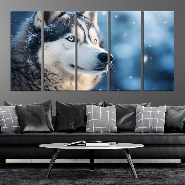 The space above the sofa features the Winter Siberian Husky Wolf Wall Art Canvas Print, creating a stunning snowy scene.