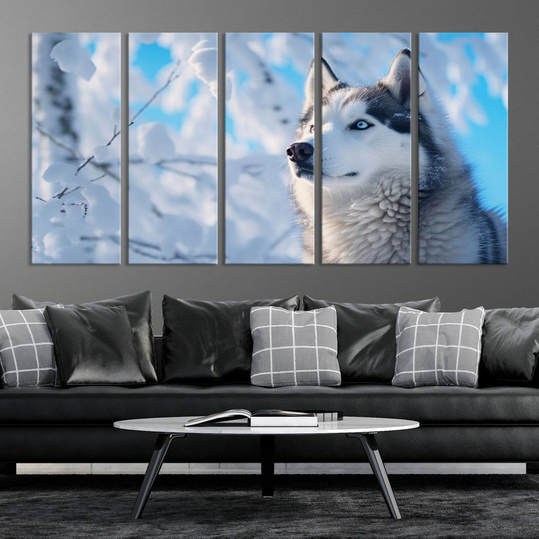 The Siberian Husky Art Canvas elegantly enhances the room.