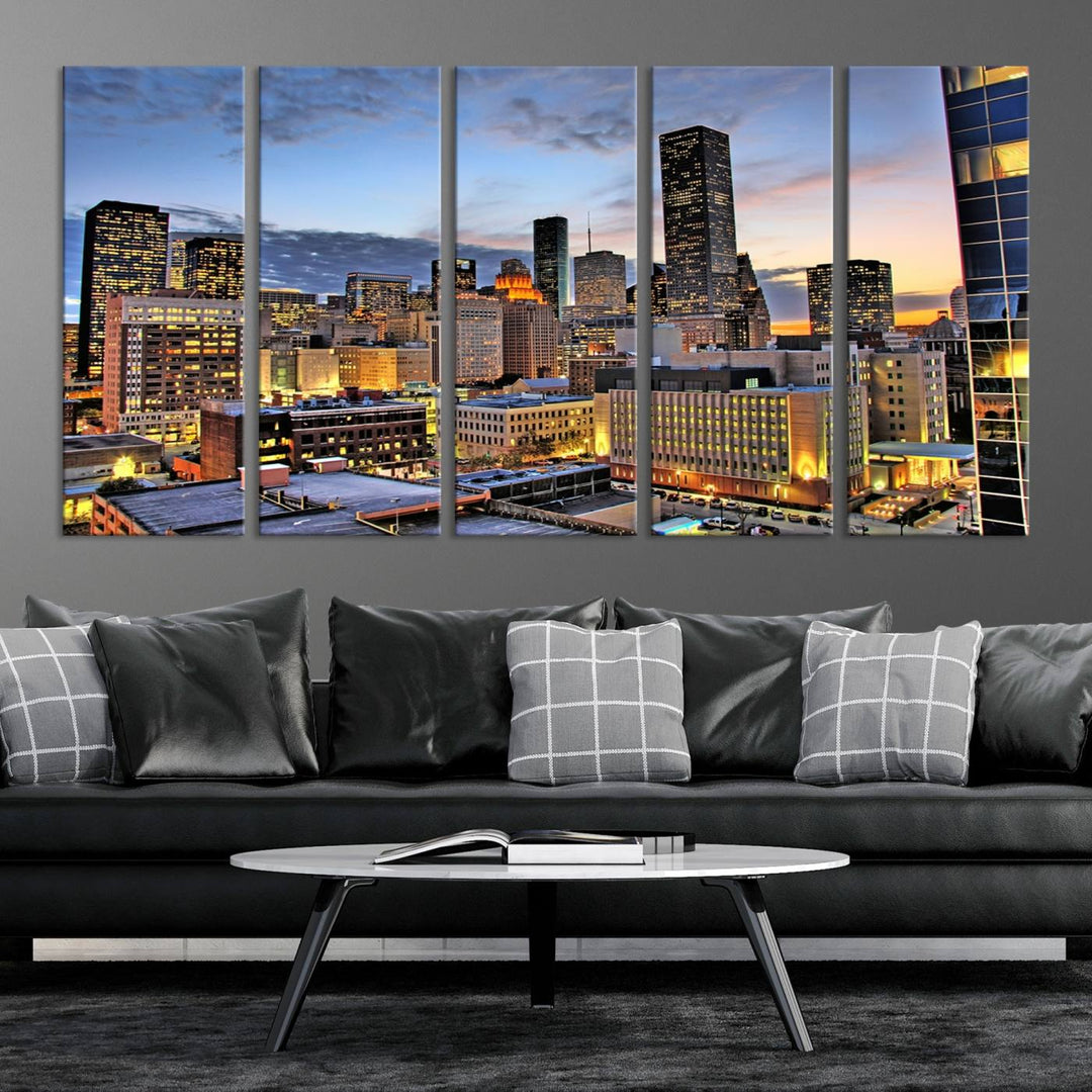 The modern living room features the Houston Wall Art Canvas Print on the wall. This professional craftsman framed masterpiece depicts a cityscape and is created with museum-quality polycotton canvas, ensuring a polished look that enhances its elegant charm.