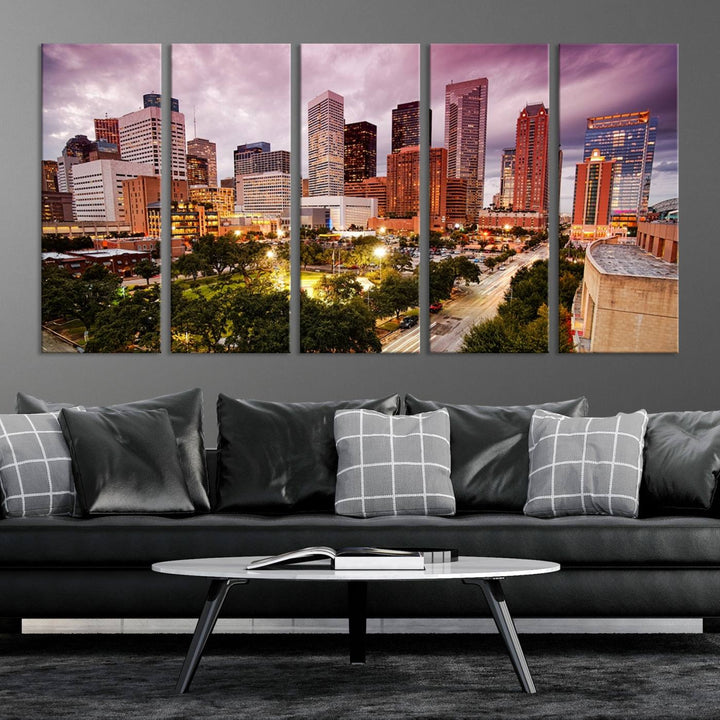 The Houston Wall Art Canvas Print in the living room displays a vibrant city skyline at twilight on museum-quality canvas with UV-protective coating.