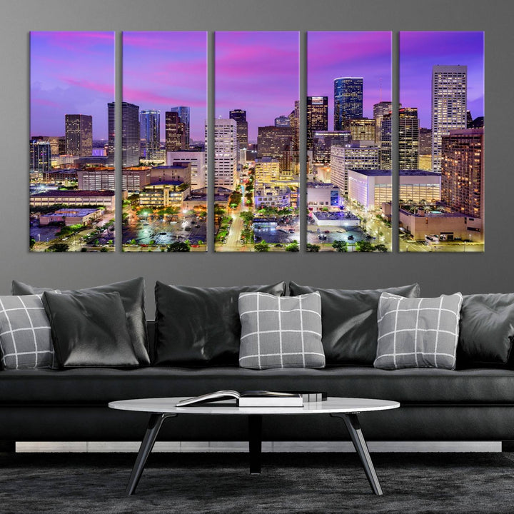 Houston Wall Art Canvas Print showcasing a vibrant cityscape at dusk on museum-quality canvas, expertly crafted by professional craftsmen.