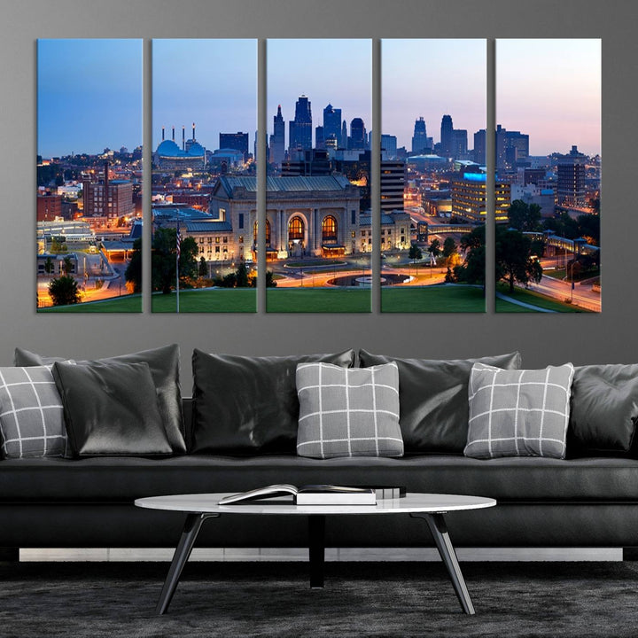 The Kansas City Skyline Canvas Wall Art Print hangs above, showcasing an iconic dusk cityscape with a historic building in the foreground, exuding urban sophistication.