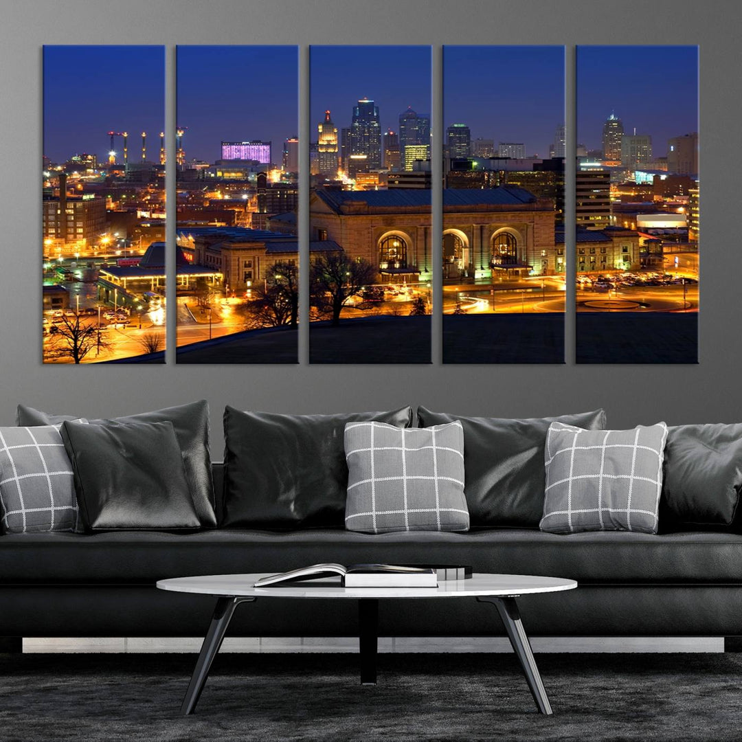 The Kansas City Night Canvas Print Wall Art creates a scene as captivating as museum-quality art, showcasing a city skyline at night with illuminated buildings.