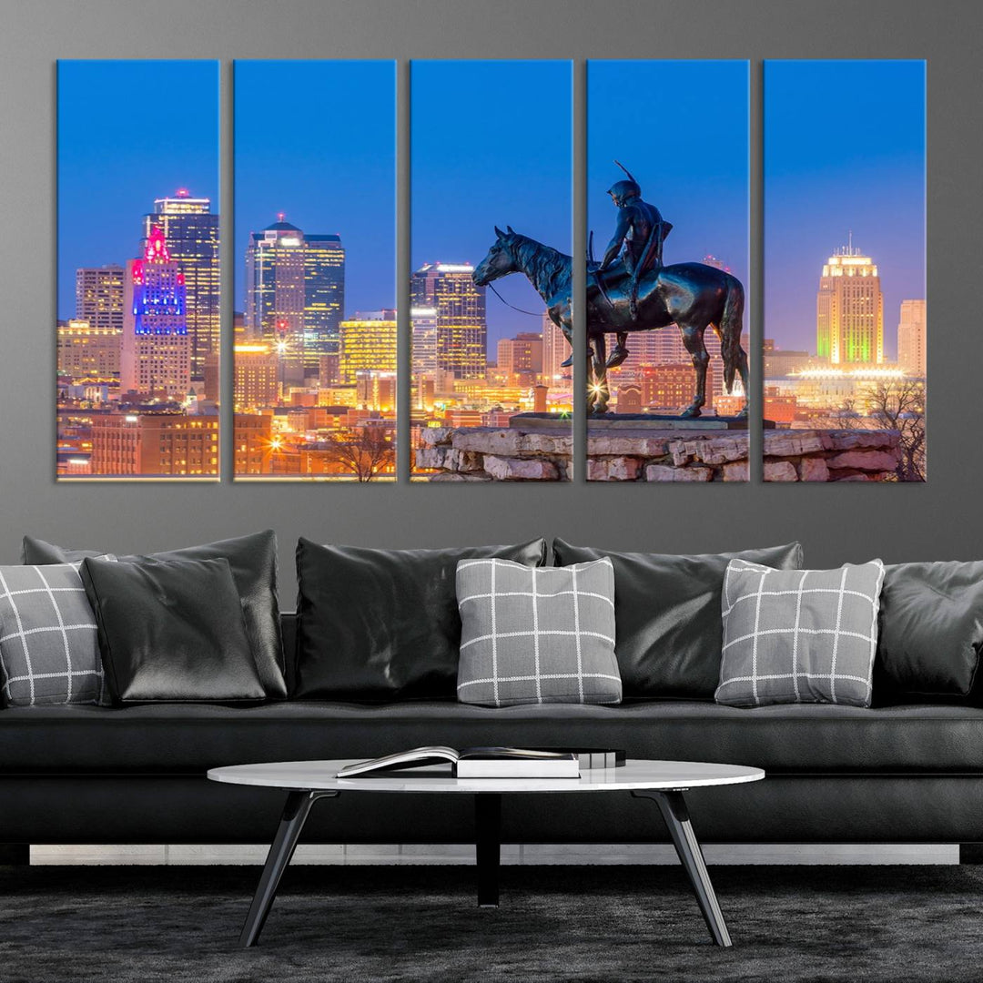 A large Kansas City Night Canvas Print Wall Art adorns the wall, gallery wrapped and finished with a UV-protective coating for lasting vibrancy.