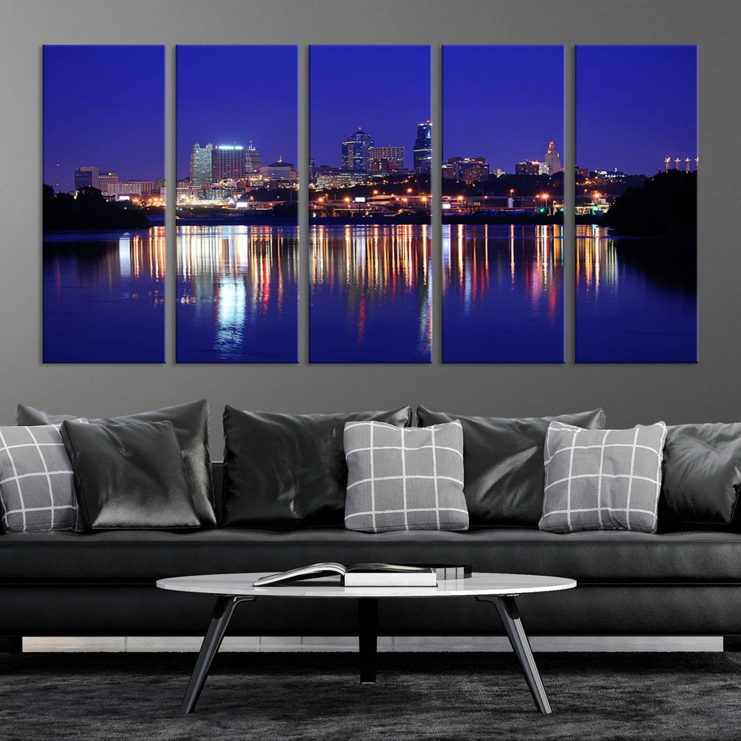 The Kansas City Night Canvas Print Wall Art captures the shimmering city skyline on the calm water, where every detail resembles a museum-quality polycotton masterpiece.