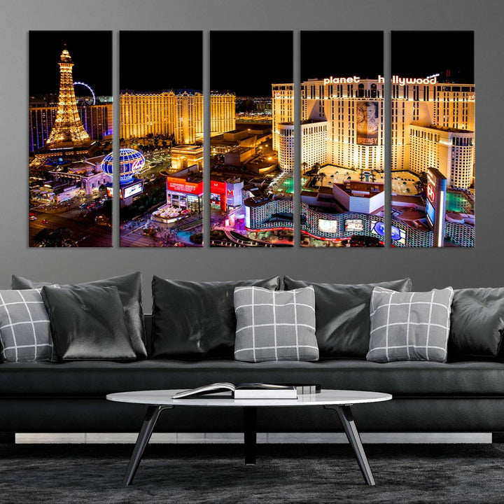 The Las Vegas Wall Art Canvas Print is a triptych set that showcases a stunning night view of Las Vegas. The illuminated buildings and the iconic faux Eiffel Tower add elegance to any space. Each piece comes with a UV-protective coating and is ready to hang, ensuring both style and durability.