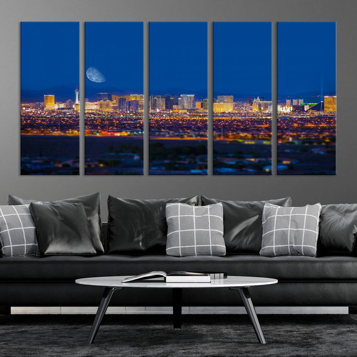 The Las Vegas Wall Art Canvas Print, depicting a city skyline at night, enhances a modern living room with its museum-quality canvas. This triptych comes ready to hang and boasts a UV-protective coating for lasting brilliance.