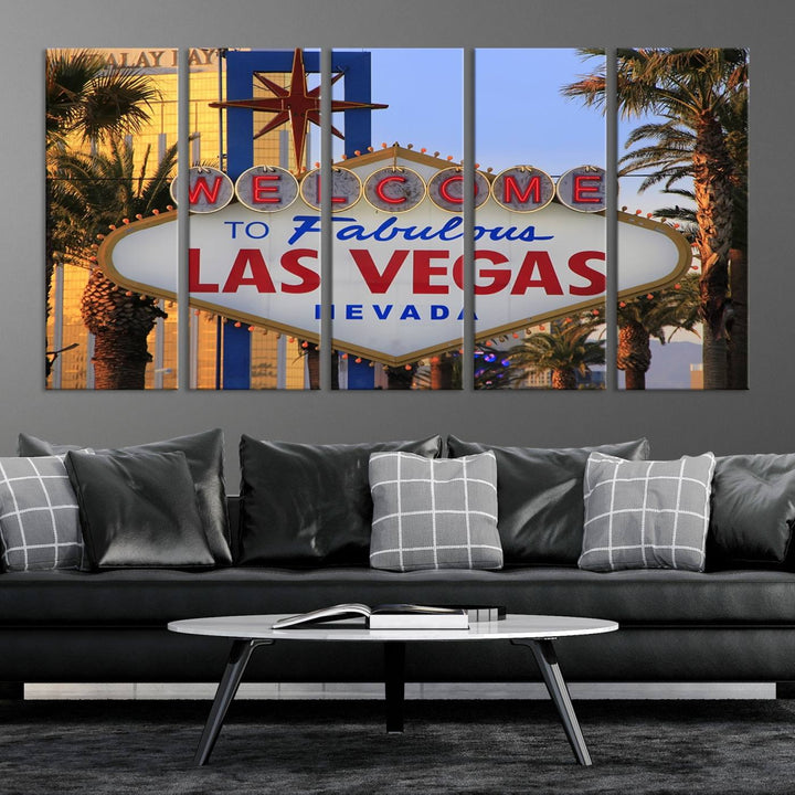 A Las Vegas Wall Art Canvas Print hangs on the wall, showcasing the iconic Welcome to Fabulous Las Vegas, Nevada sign. The museum-quality canvas guarantees vibrant colors with its UV-protective coating and is available with free shipping for added convenience.