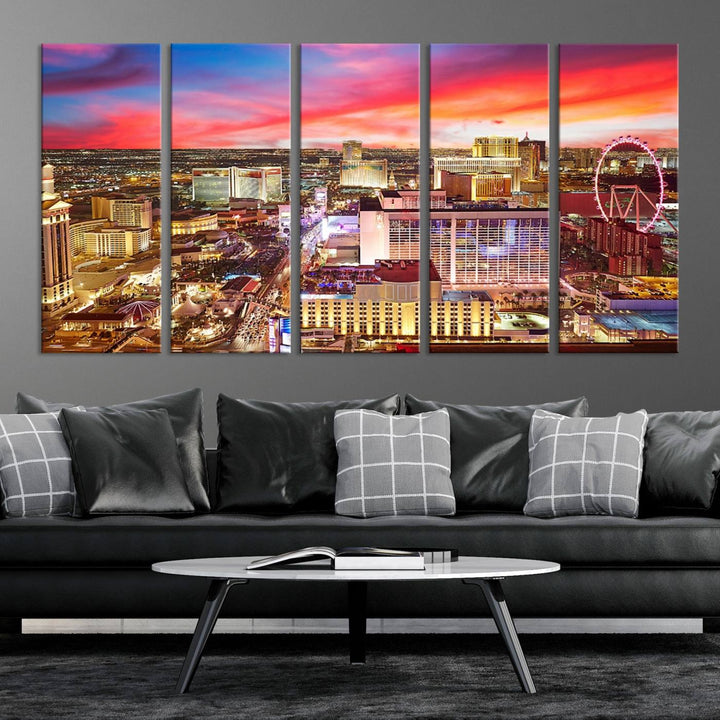 Las Vegas Wall Art Canvas Print depicting a vibrant cityscape at dusk on museum-quality canvas with a UV-protective coating, showcasing a skyline with colorful clouds.