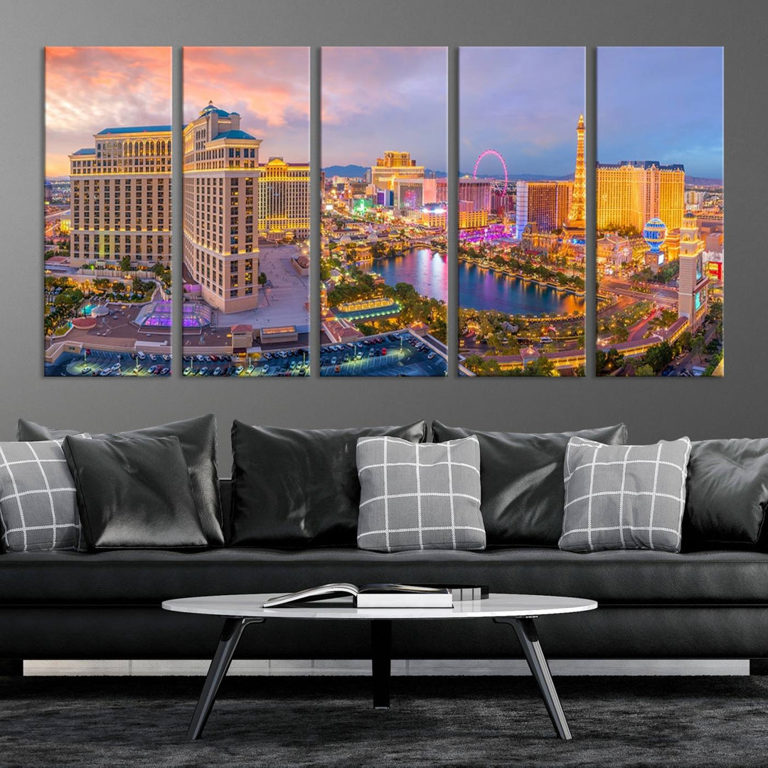 The gallery-wrapped triptych of the Las Vegas Wall Art Canvas Print, depicting the colorful skyline at sunset, adds a vibrant touch to the room. This artwork is crafted on museum-quality canvas and features a UV-protective coating for lasting durability.