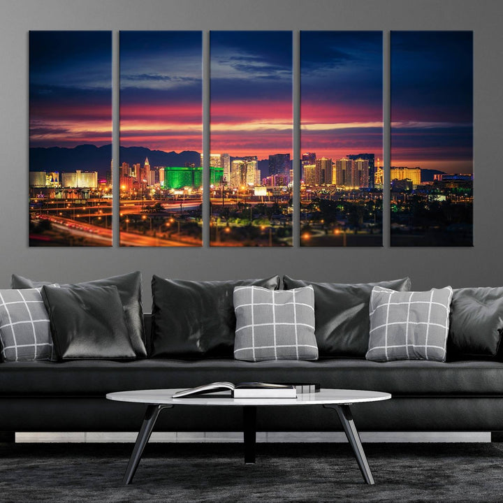 The living room is adorned with the Las Vegas Wall Art Canvas Print, a triptych showcasing a cityscape at sunset. This piece is crafted on museum-quality canvas and protected by a UV-coated finish, highlighting the craftsmanship of a skilled professional.